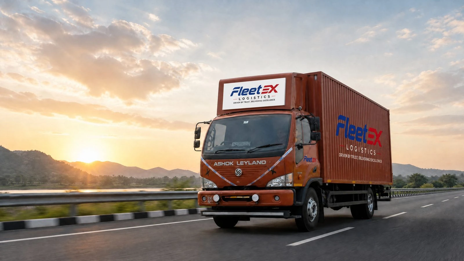 Fleetex India truck on the highway at sunset